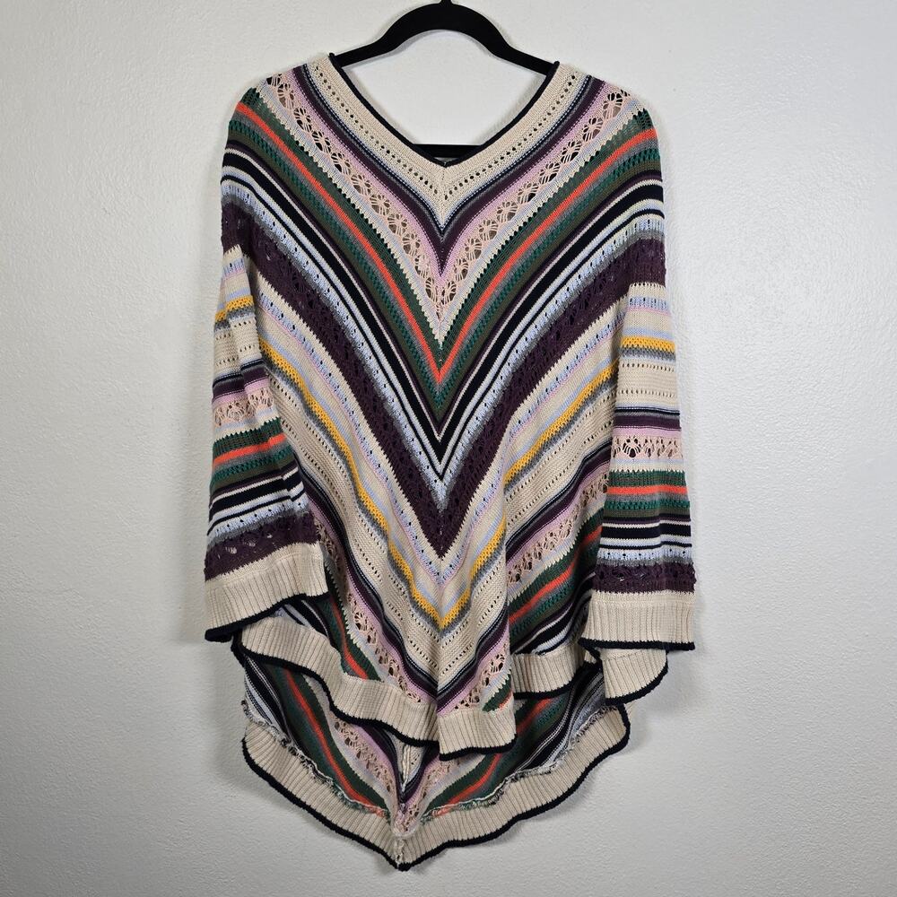 Democracy Poncho Sweater Women's L/XL Multicolored Stripe Crochet Boho Chic